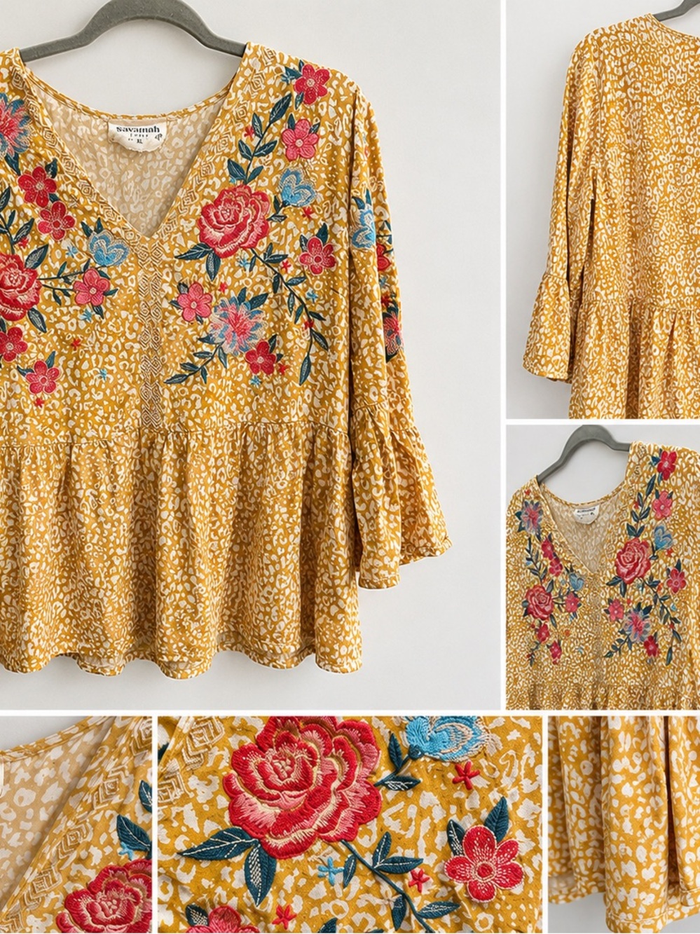 Savannah Mustard Floral Embroidered Peplum Tunic - Picture 1 of 1